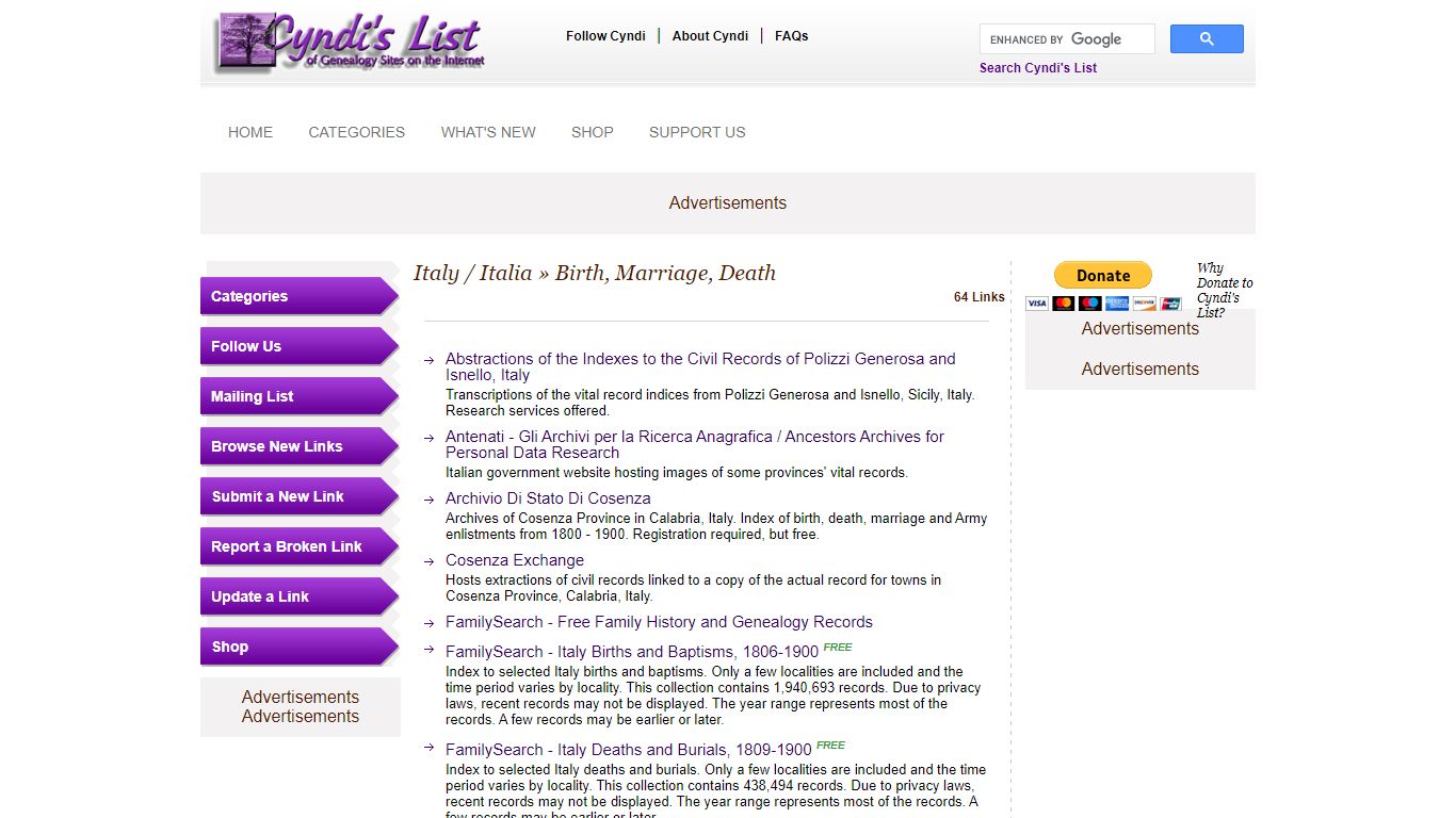 Cyndi's List - Italy / Italia - Birth, Marriage, Death